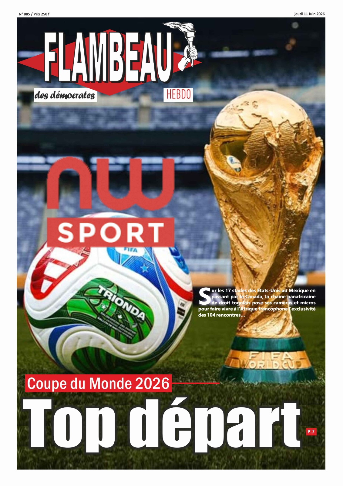 La Une du journal Flambeau des démocrates N°885 paru ce jeudi 11 juillet 2026