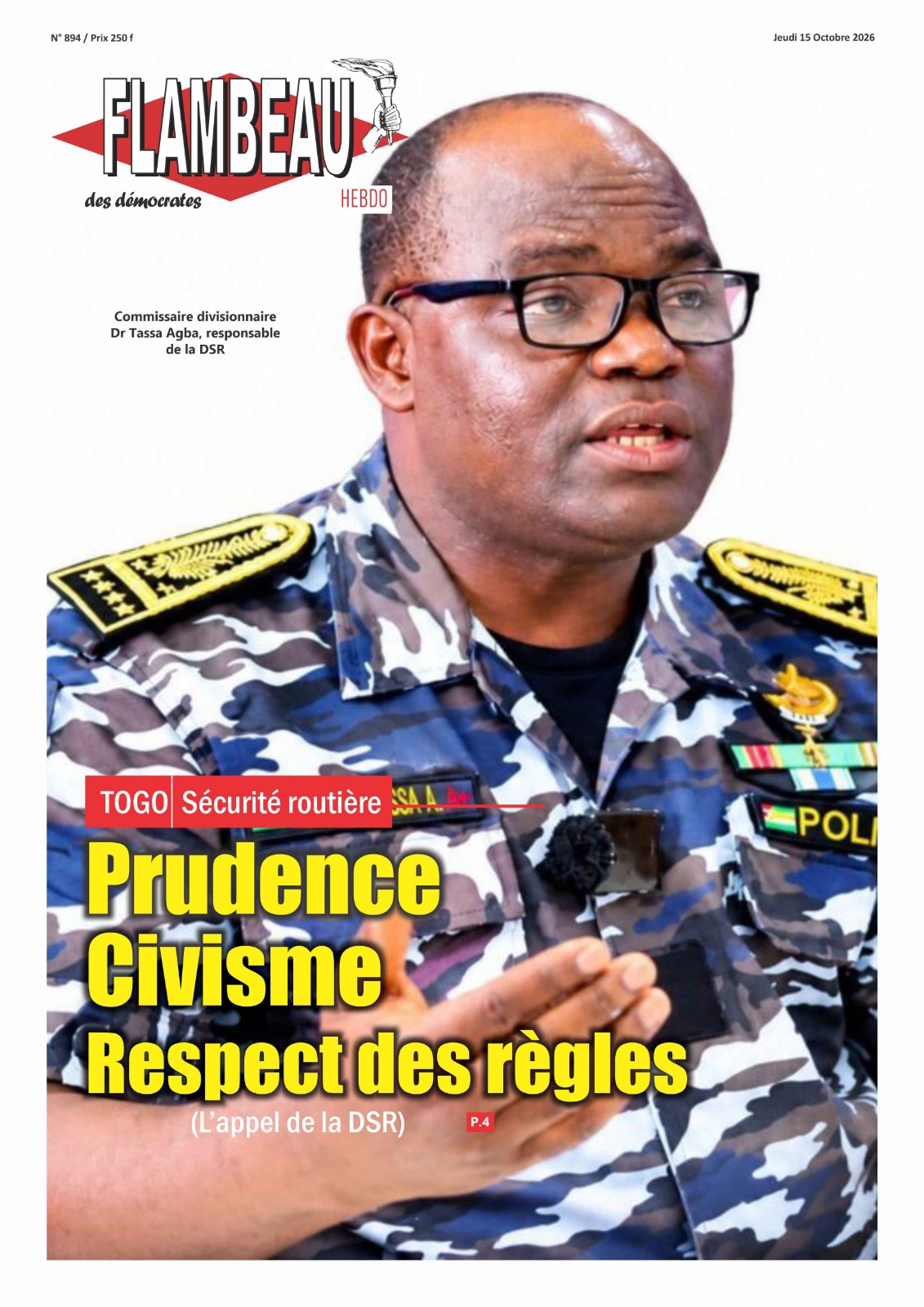 La Une du journal Flambeau des Démocrates, parution 894 du jeudi 13 octobre 2026
