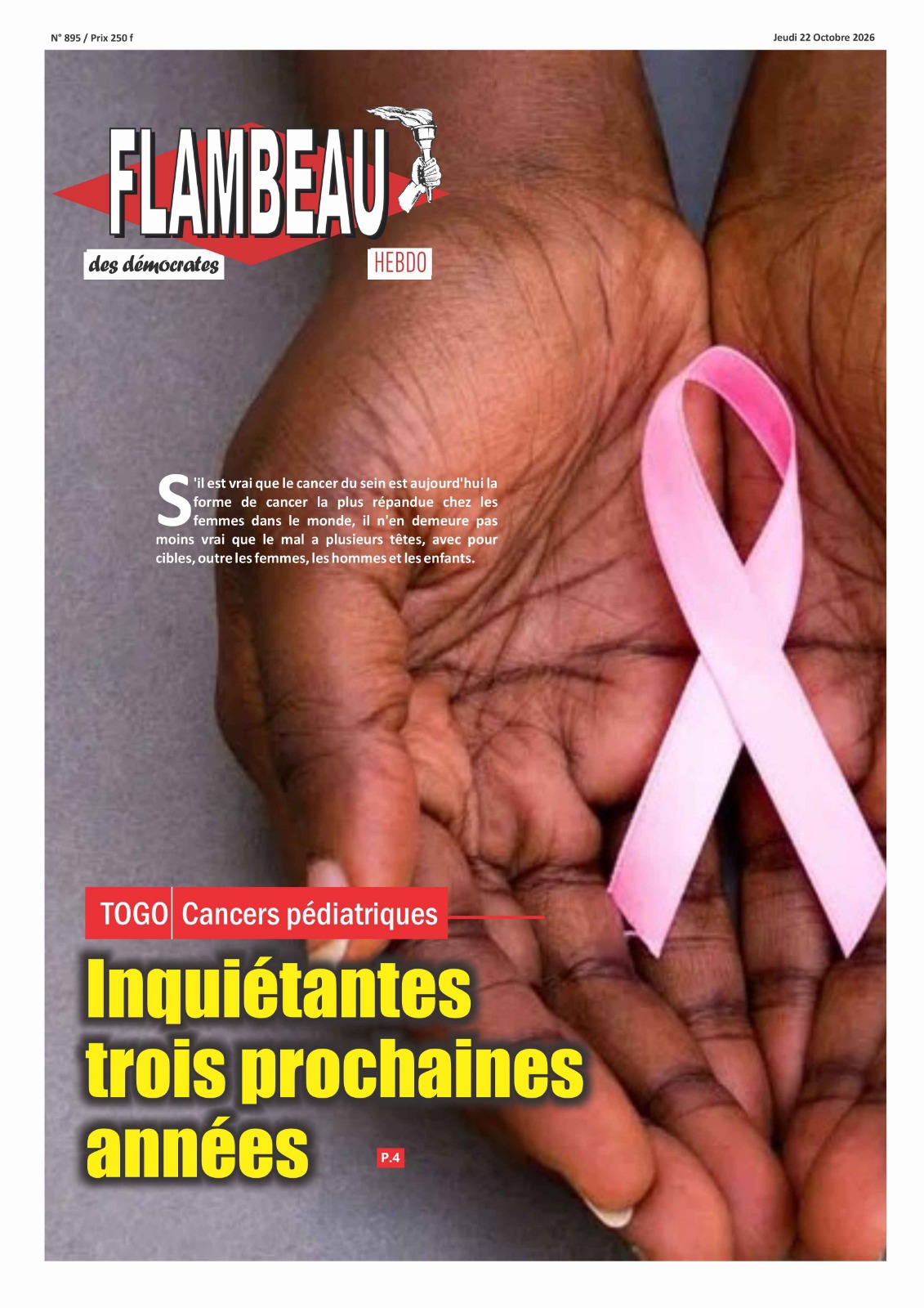 La Une du journal Flambeau des Démocrates, parution N°895 du jeudi 22 octobre 2026