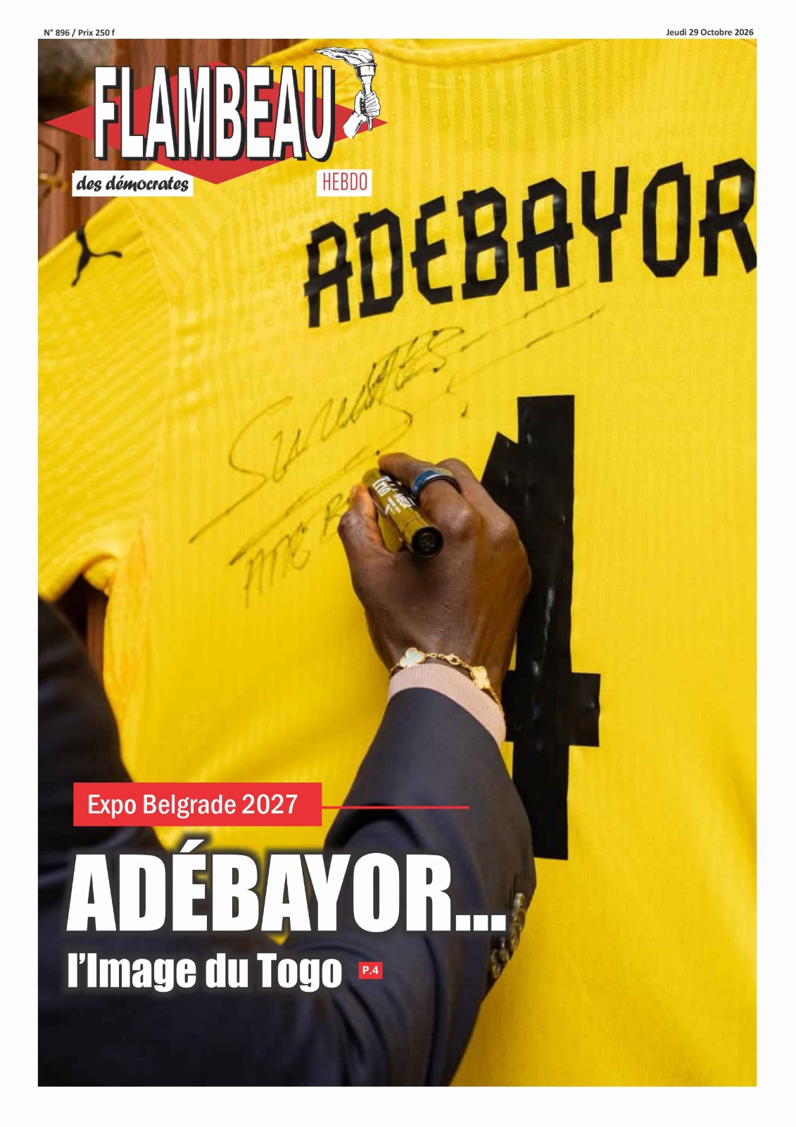 La Une du journal Flambeau des Démocrates, parution N°896 du jeudi 29 octobre 2026